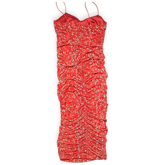 HELLO MOLLY Women’s Red Floral Ruched Bodycon Midi Dress “How Low Can You Go” Si - Picture 4 of 7